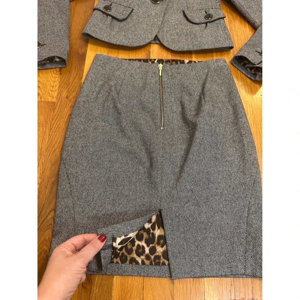 Express Design Studio Grey Herringbone Wool Skirt Suit Leopard Lining Size 2